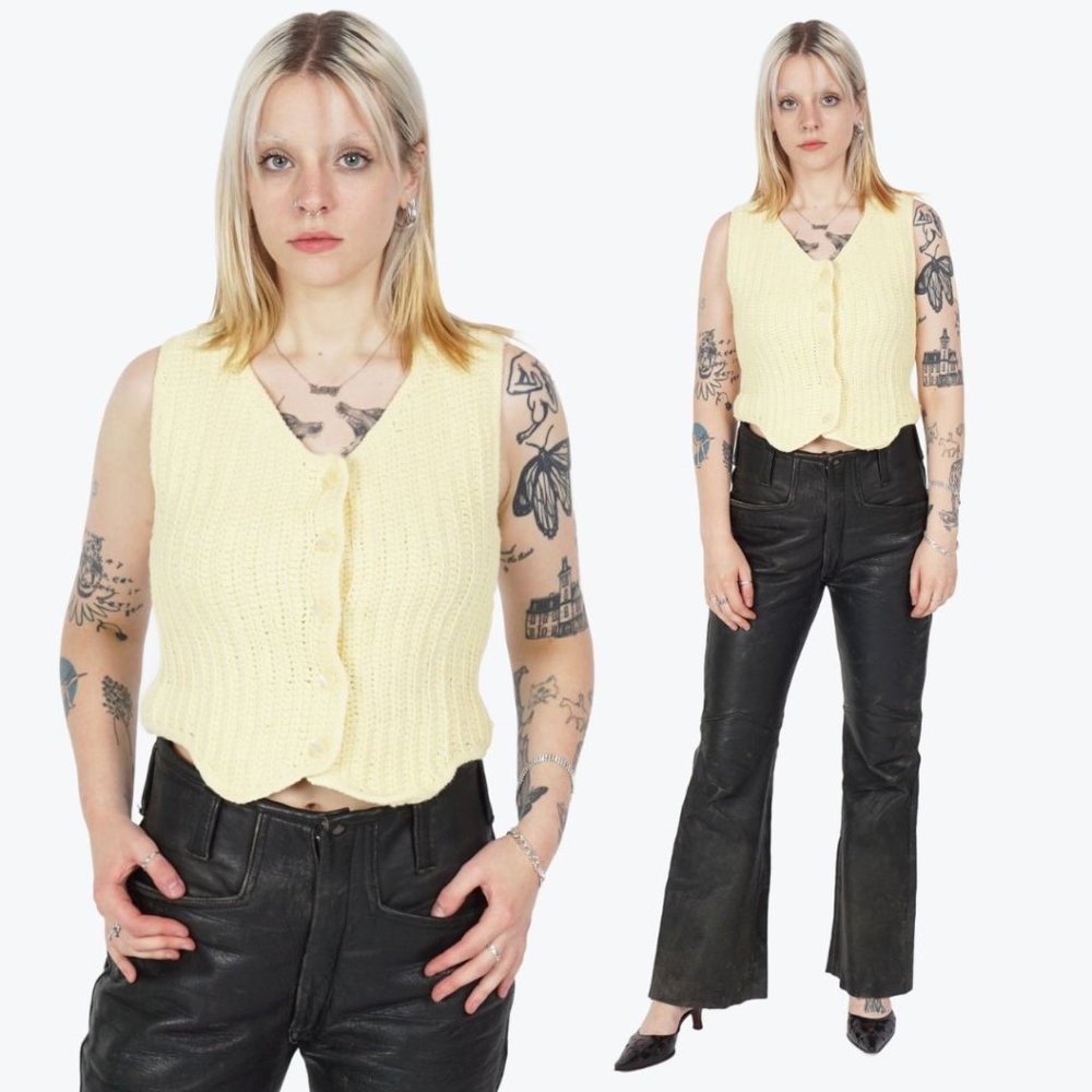 VINTAGE Yellow Knitted Crochet Buttoned Vest